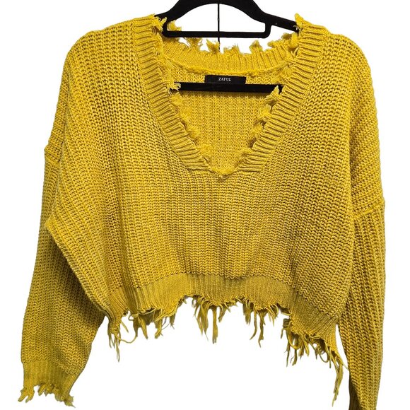 EUC ZAFUL BOLD MUSTARD YELLOW KNITTED CROPPED FRINGED HEM PULLOVER SWEATER OSFM - Picture 1 of 8